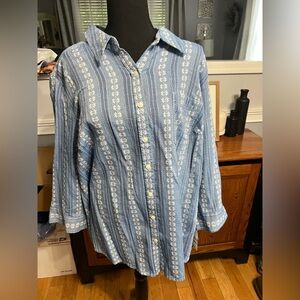 Karen Scott Blue and White Striped Button-Up Shirt